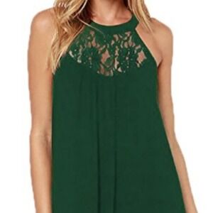 Women's Green Sleeveless Lace Neck Halter Dress Flowy Tunic